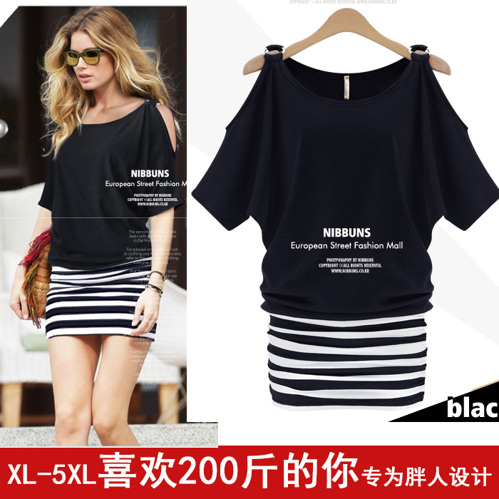 大码条纹拼接连衣裙夏装