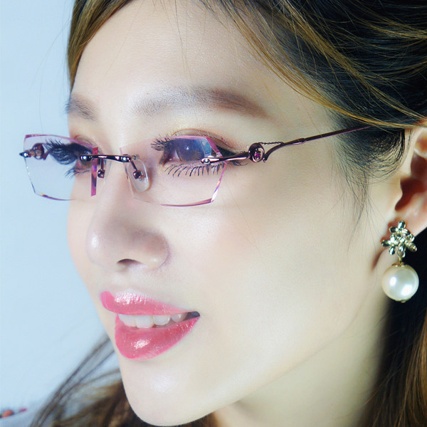 女士无框镶钻切边眼镜架 钛合金眼镜框 钻石近视眼镜全套成品近视