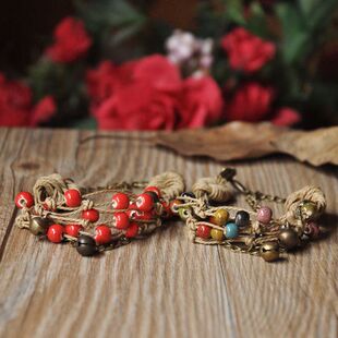 创意民族风饰品　手工编织手链　特色带铃铛哦　女款扣式可调节