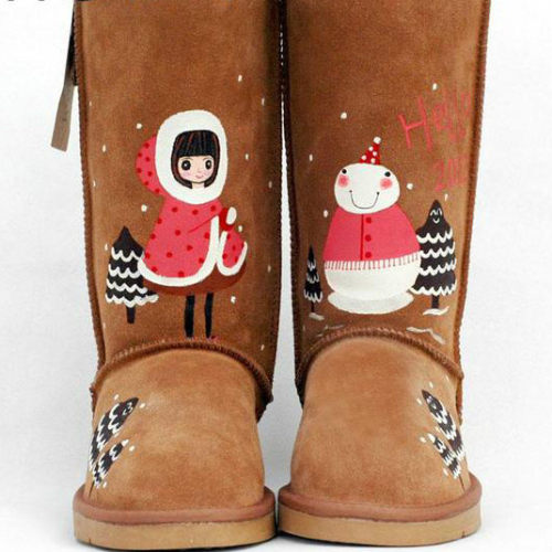 2022新款涂鸦雪地靴女冬加绒加厚牛皮高筒保暖皮毛一体可爱棉鞋