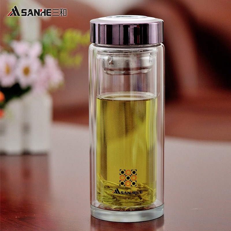 三和新品水晶玻璃杯带盖透明水杯 口杯 玻璃双层高档水杯玻璃茶杯