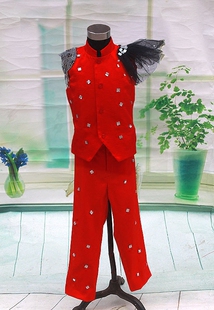 昶钰男童女童红色套装儿童模特T台走秀礼服演出服儿童主持人服装
