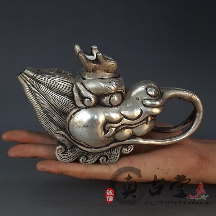 仿古白铜黄铜镀银龙头水壶茶壶摆件酒壶家居装饰工艺礼品古玩收藏