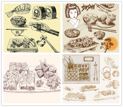 A0603矢量复古日本食物寿司sushi手绘线稿海报菜单 AI设计素材