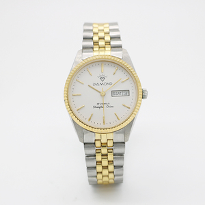 老钻石手表日历间金白盘发条手动机械表中老年男表古董表库存全新