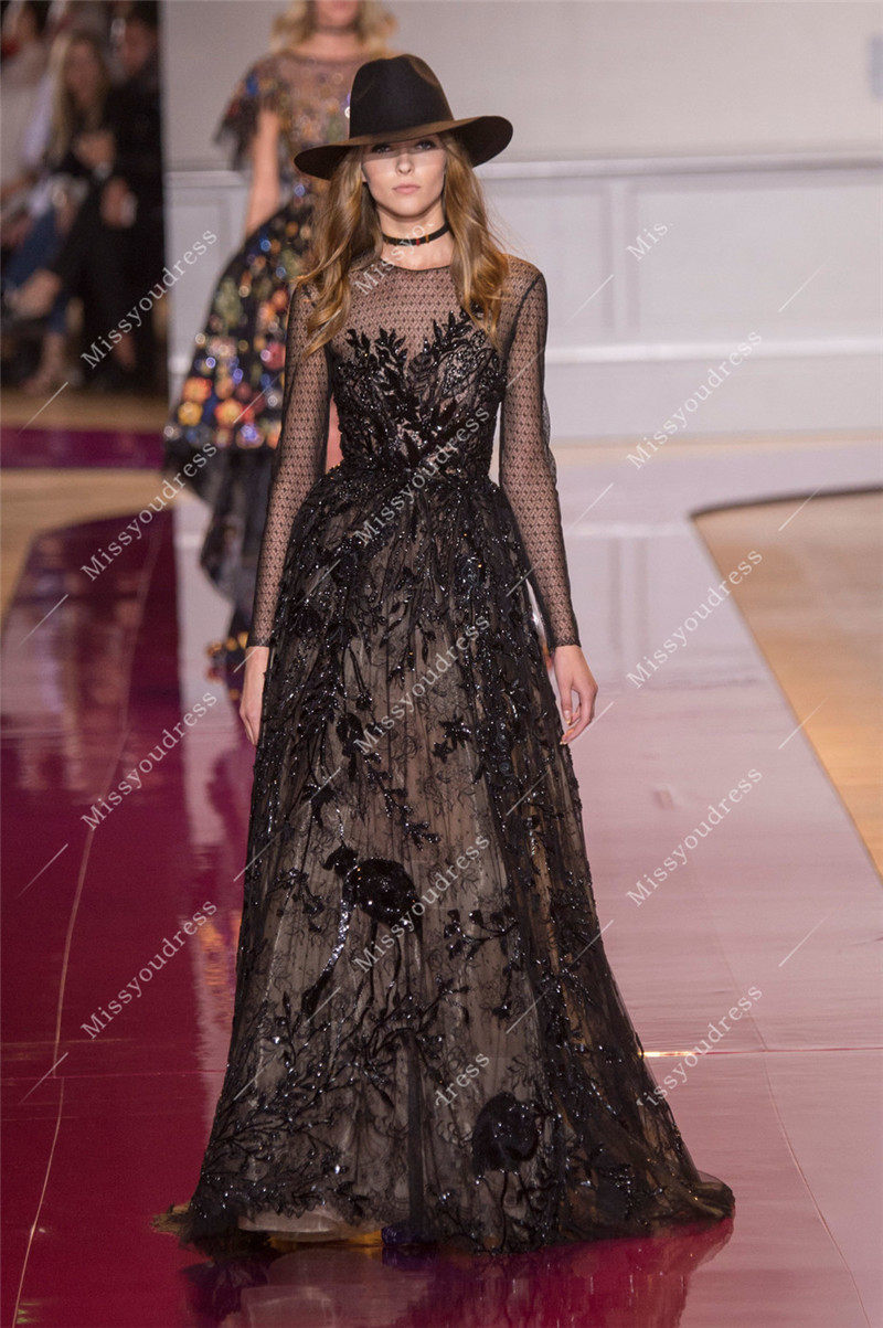 手工黑色长袖名媛生日舞会晚礼服