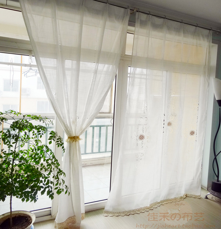 韩国唯美手工钩花纯棉竹节麻成品客厅卧室飘窗窗帘 穿杆窗纱帘
