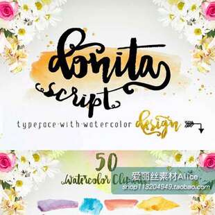 Font含50张水彩纹理PNG PS平面设计素材手写英文字体Donita