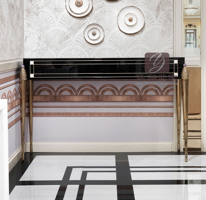 后现代简约门厅玄关桌新古典奢华储物条案钢琴烤漆黑色玄关台定制