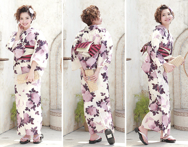 日本代购 2015高档仙 和服浴衣 木屐 条纹腰带 3件套 玫瑰蔷薇紫