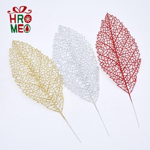 Hromeo 30cm 闪粉圣诞插枝叶子装饰品 圣诞装饰配件仿真叶