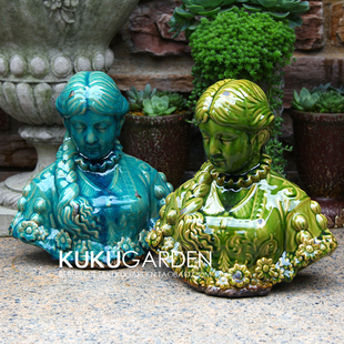 欧式花园做旧复古手工陶瓷侍女半身像摆件家居饰品庭院别墅摆设