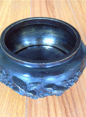 二手日本进口三足香炉高浮雕花鸟