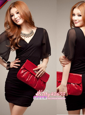 特价！简约线条魅力 双V领雪纺袖合身S曲线裙 黑裸白3色 NO.168