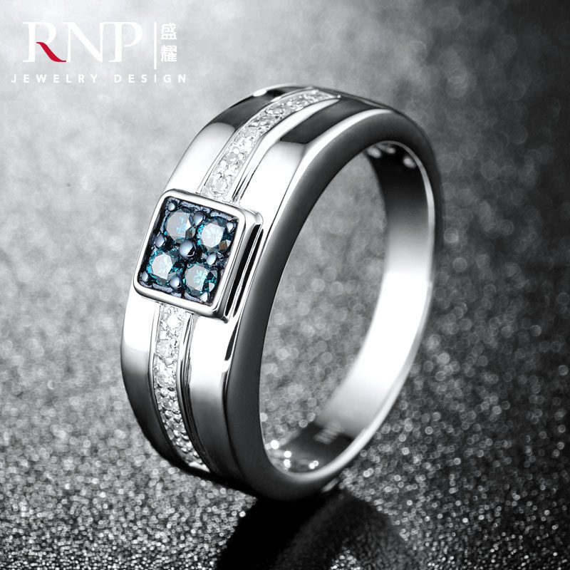 蓝白钻石男戒 s925纯银欧美个性男士指环 时尚霸气天然钻石男戒