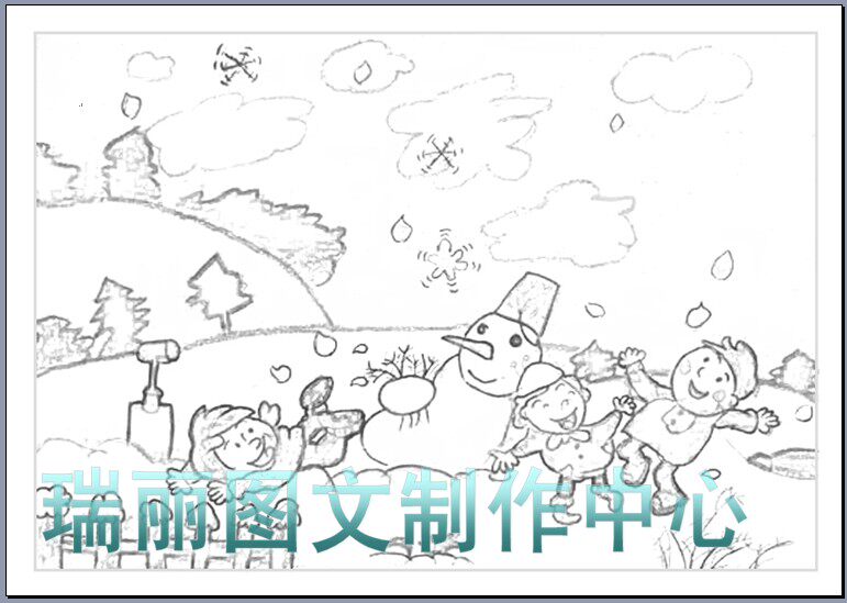 堆雪人勾边空白模板冬天雪景彩铅图画线描涂色填色描边儿童画772