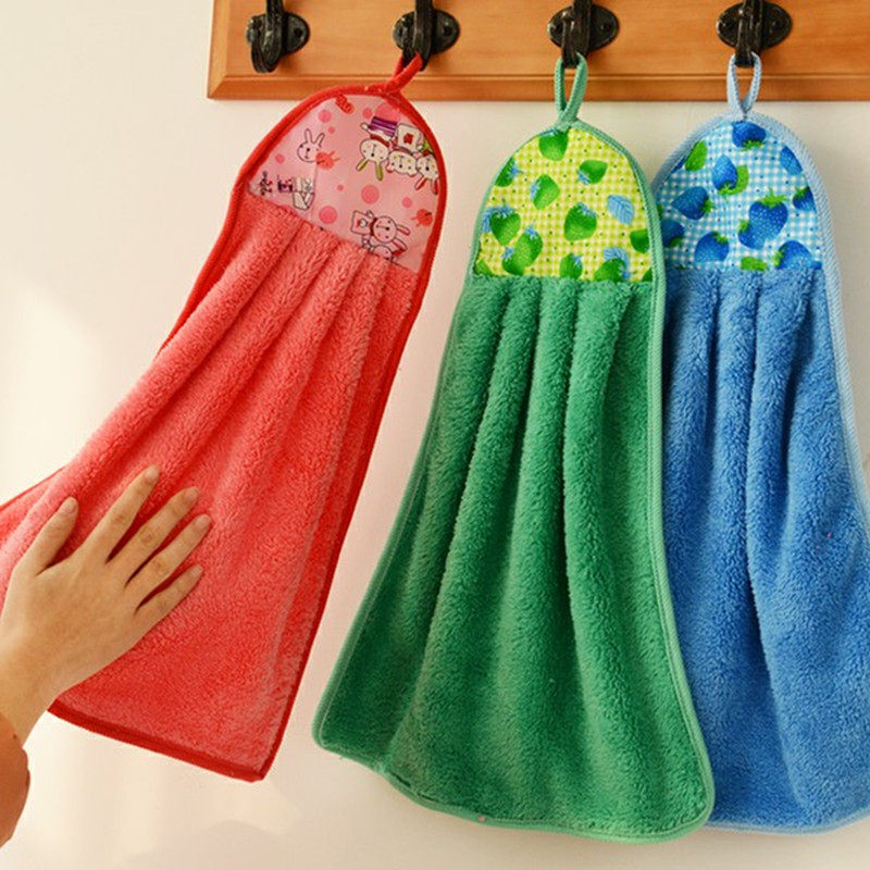 韩式珊瑚绒擦手巾挂式厨房毛巾加厚吸水卡通挂绳挂巾抹布儿童用
