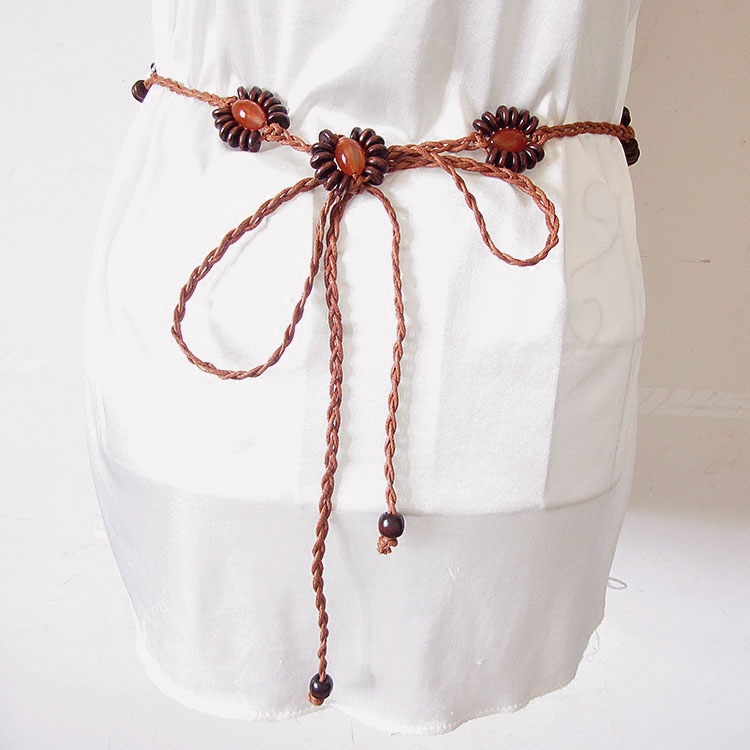 民族风纯手工编织麻花腰绳蜡绳木珠流苏腰带装饰连衣裙衬衫女腰链