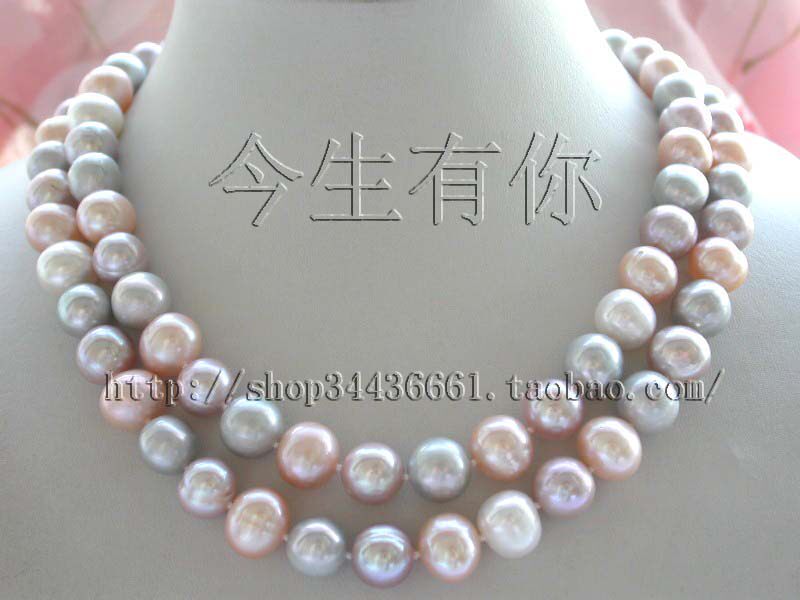 今生有你天然12mm正圆混彩色珍珠项链长款毛衣链女正品包邮