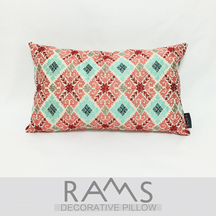 现代简约全棉红绿菱形格刺绣花腰枕 新古典样板房沙发床靠垫抱枕