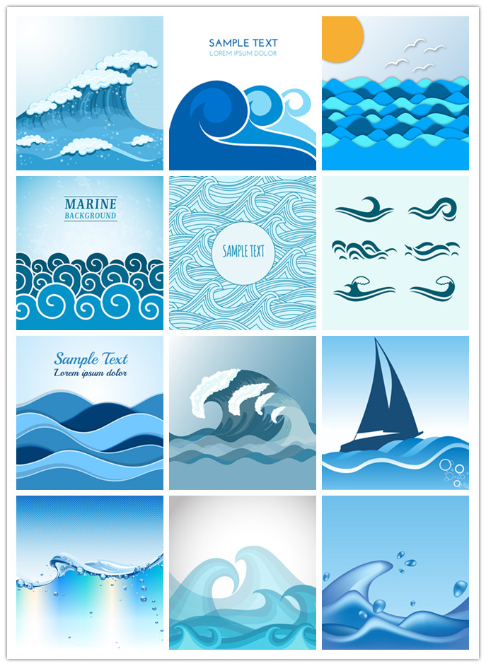 矢量设计素材 蓝色海浪日式海浪简约波纹图案 EPS格式源文件 18P