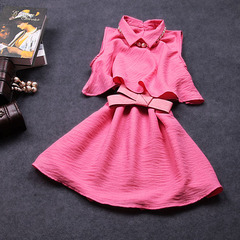 New 2015 summer elegance two piece set bow shirt collar cotton dress