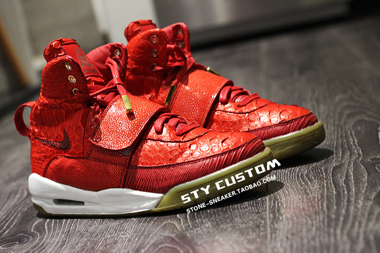 sty球鞋定制 nike air yeezy 1 大红椰子 鳄鱼纹蛇纹  高帮篮球鞋