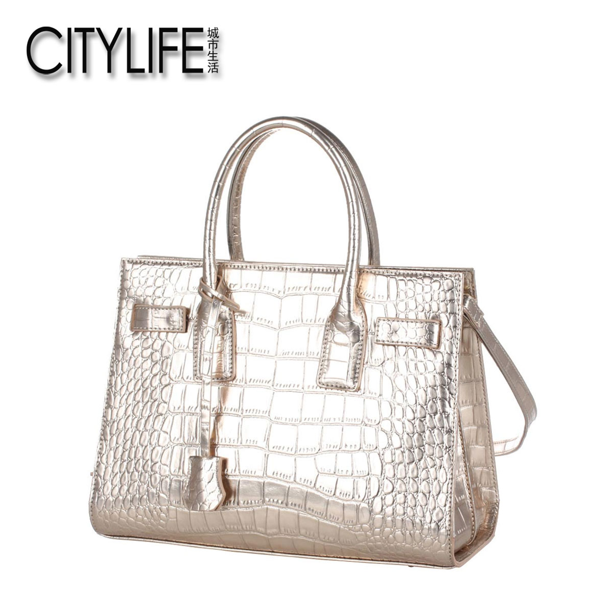 【售價99】城市生活CITYLIFE 金色鱷魚紋壓花時尚手提肩挎女包