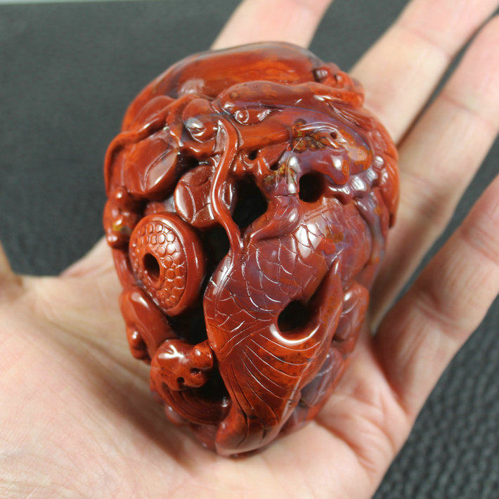 天然宣化上谷战国红玛瑙雕刻件 实物图 战国红雕刻手把件摆件把件
