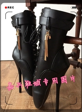 欧美超高跟细跟黑色漆皮18厘米流苏装饰芭蕾短靴舞蹈靴BLD1201b