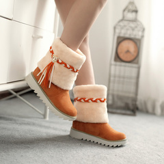 2015 new round head in winter fashion boots flat heel short boots plush sleeve Ribbon sweet thick-soled boots