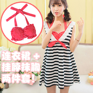 花炮大叔新可爱学院蝴蝶结条纹A字裙点点抹胸+连衣裙套餐