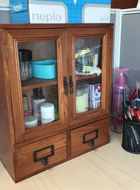 zakka实木桌面杂物整理收纳化妆品展示架玻璃门书桌抽屉式储物柜