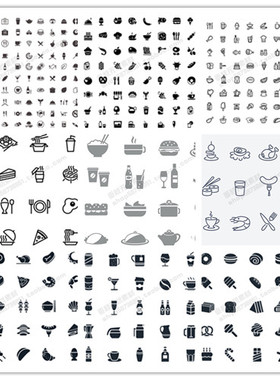 A0730矢量食物扁平化ICONS图标饭店餐厅线稿剪影 AI设计素材