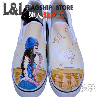 LL潮人工作室-新品春秋彩绘手绘鞋低帮无带帆布鞋休闲情侣放鸽女
