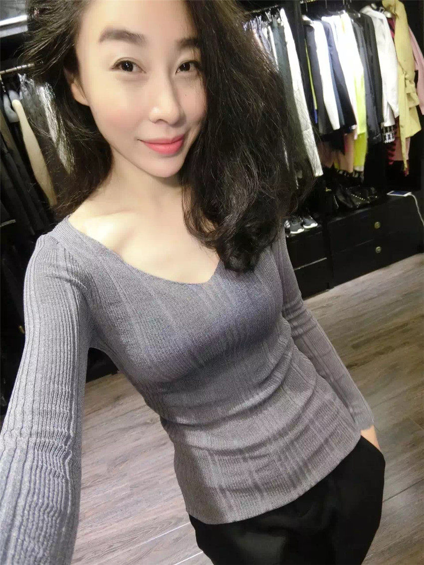 欧货站2018春新款潮女装v 领针织衫女套头长袖薄款毛衣时尚打底衫