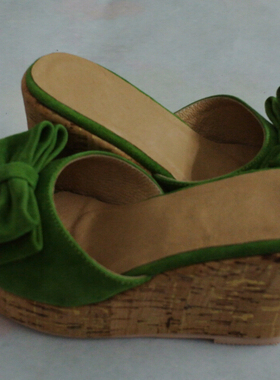 订鞋店~夏季新款蝴蝶结磨砂皮坡跟凉鞋甜美可爱凉拖小码鞋25 26