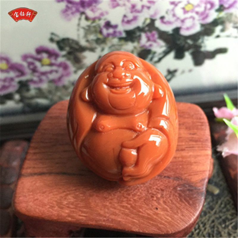 正宗凉山南红玛瑙笑佛吊坠雕件 柿子红玉石弥勒佛雕刻挂饰项坠