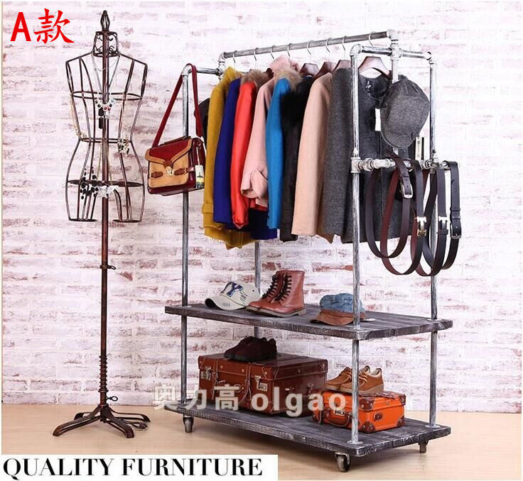 实木做旧铁艺水管服装展示架货架男女装店落地式挂衣架鞋包展示架