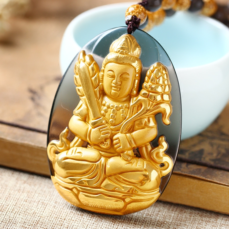 18K黄金黑曜石虚空藏菩萨生肖属牛虎本命佛守护神吊坠项链