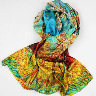 围巾春秋冬季 女长丝巾油画空调披肩两用真丝缎面喷绘桑蚕丝新款