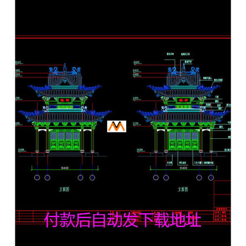 X58清代二层重檐歇山顶寺庙寺院钟鼓楼仿古三开间重檐鼓楼CAD图纸