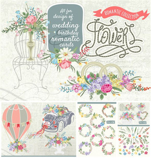 A0166矢量AI设计素材 卡通婚礼花车气球花环花束logo手绘含PSD