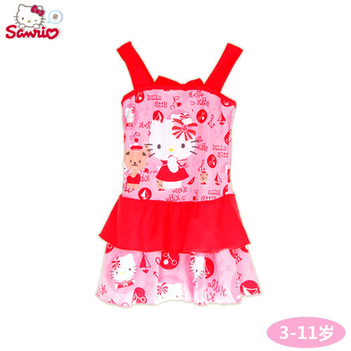 正品Hello kitty儿童连体游泳衣 女童宝宝蝴蝶结吊带连衣裙泳装
