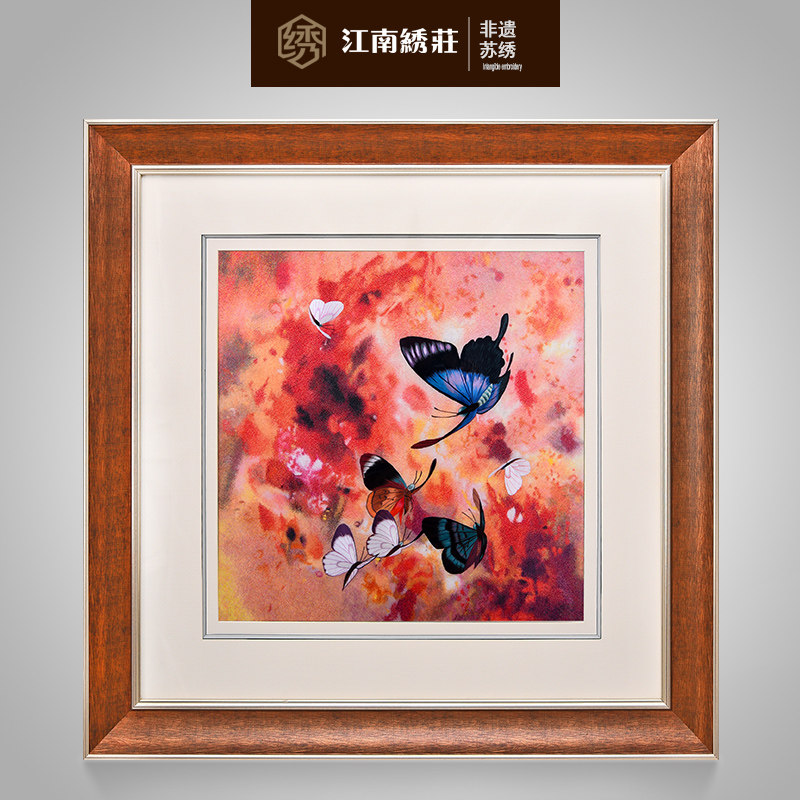 江南绣庄 客厅卧室装饰画蝴蝶美式现代油画重彩 三联组合手工精绣