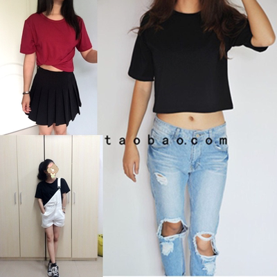 纯棉夏装韩版女宽松短袖t恤AA风露肚脐短款上衣女体恤纯色打底衫