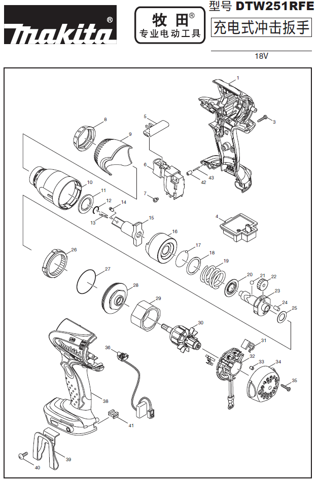 牧田Makita18V充电式冲击扳手DTW251RFE原装零配件