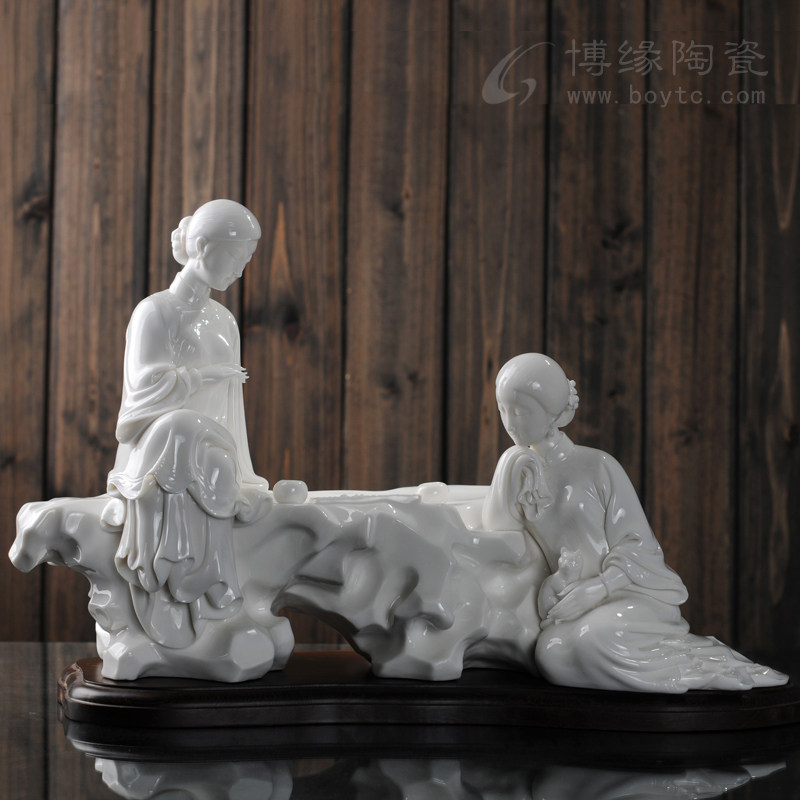 乐在棋中 德化白瓷古典仕女美女博弈棋盘人物雕塑工艺品摆件