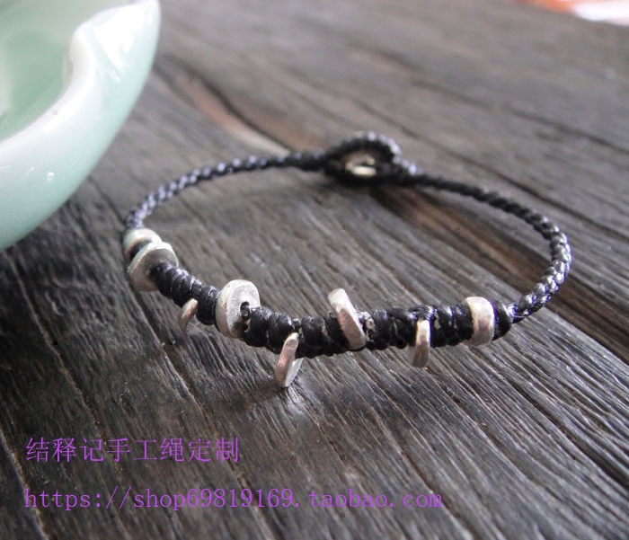 《六月》原创泰国蜡绳泰银手绳不规则银片红绳手链女黑色复古百搭