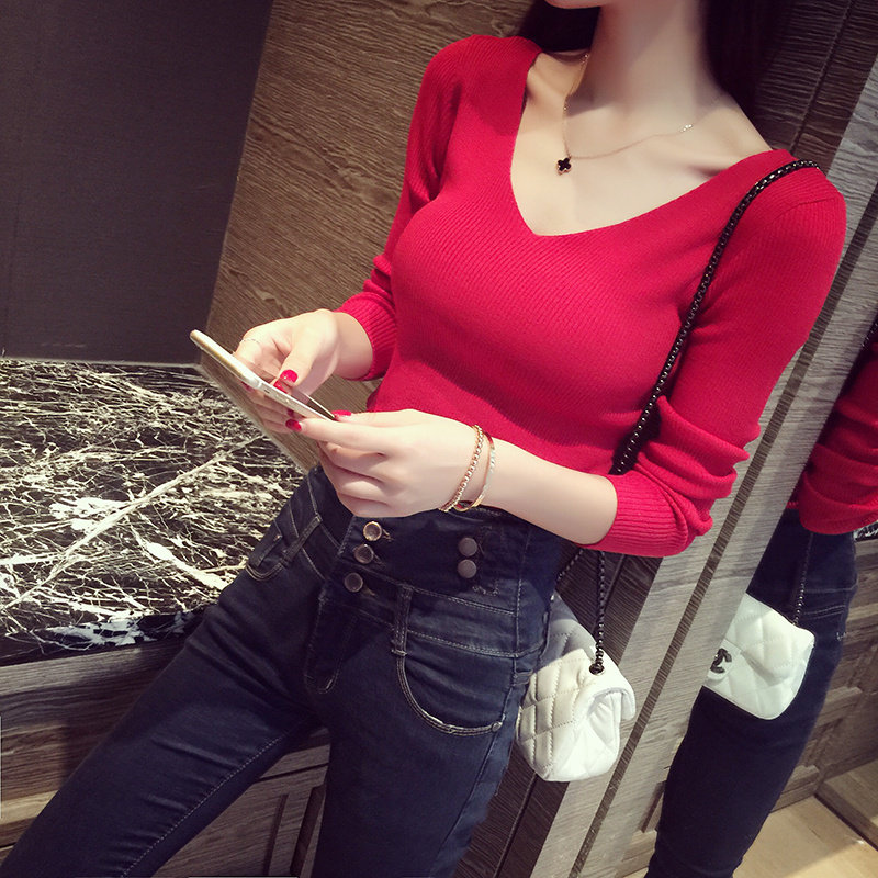 前后V领修身短款针织衫女长袖套头打底衫韩版毛衣 2017春秋新款